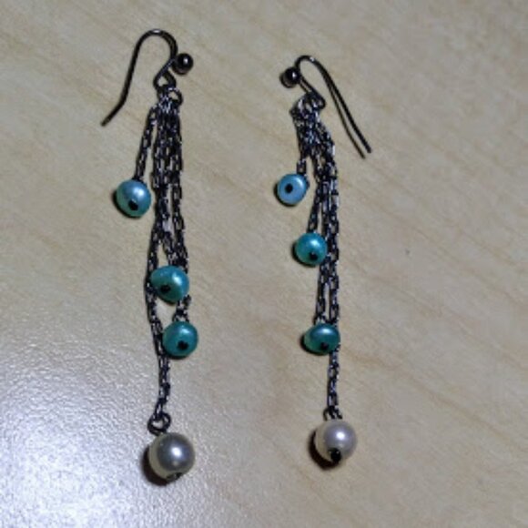 Teal & White Beaded Dangle Chain Earrings : 2 1/4" long - Picture 4 of 9